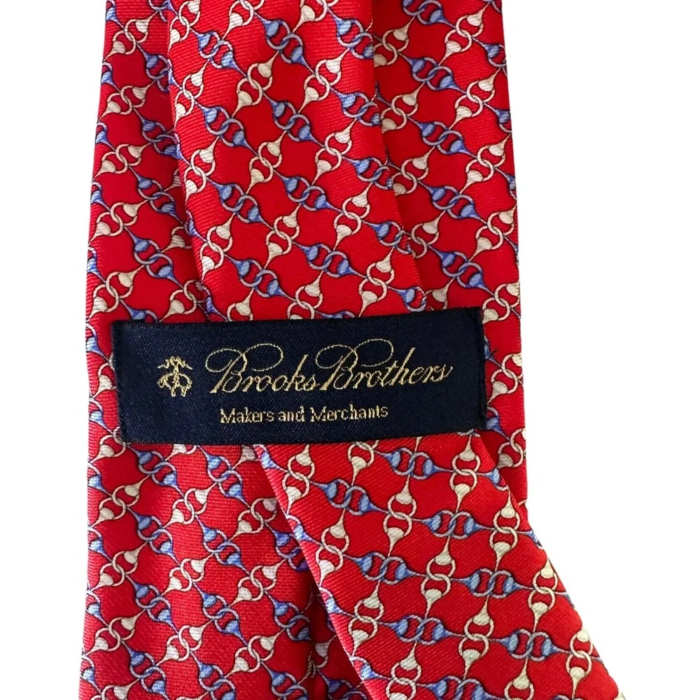 Brooks Brothers Men's Necktie Red White Blue Chain Link Equestrian 100% Silk Tie